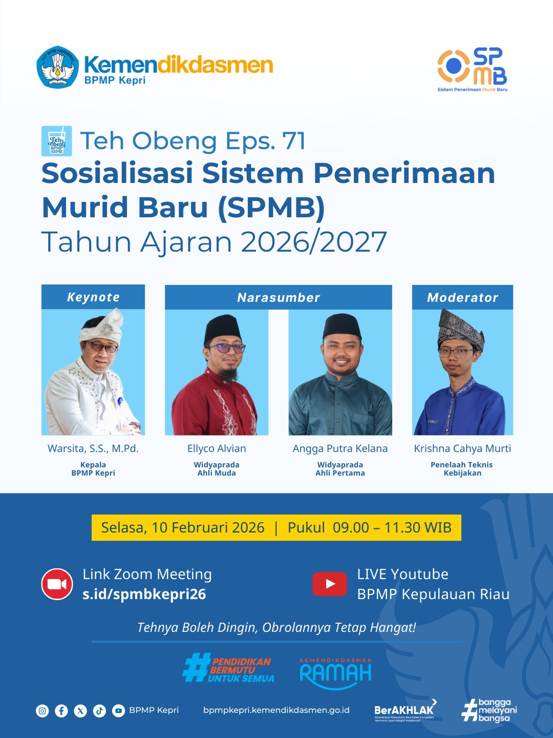 BPMP Kepri Bahas SPMB Tahun Ajaran 2026/2027 melalui Program Teh Obeng Episode 71